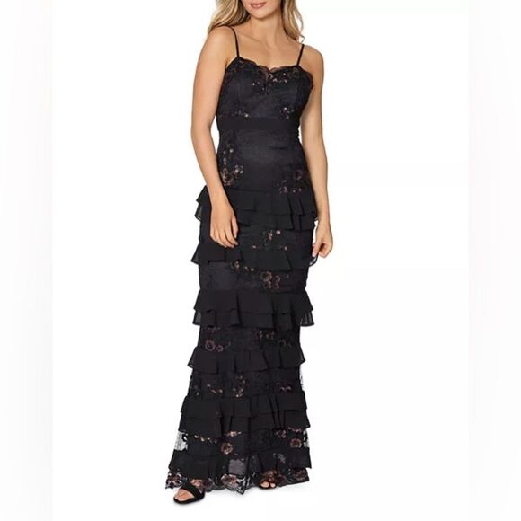 Laundry By Shelli Segal Dresses & Skirts - Laundry By Shelly Segal Embellished Tiered Ruffle Lace Gown Long Size 4 Black